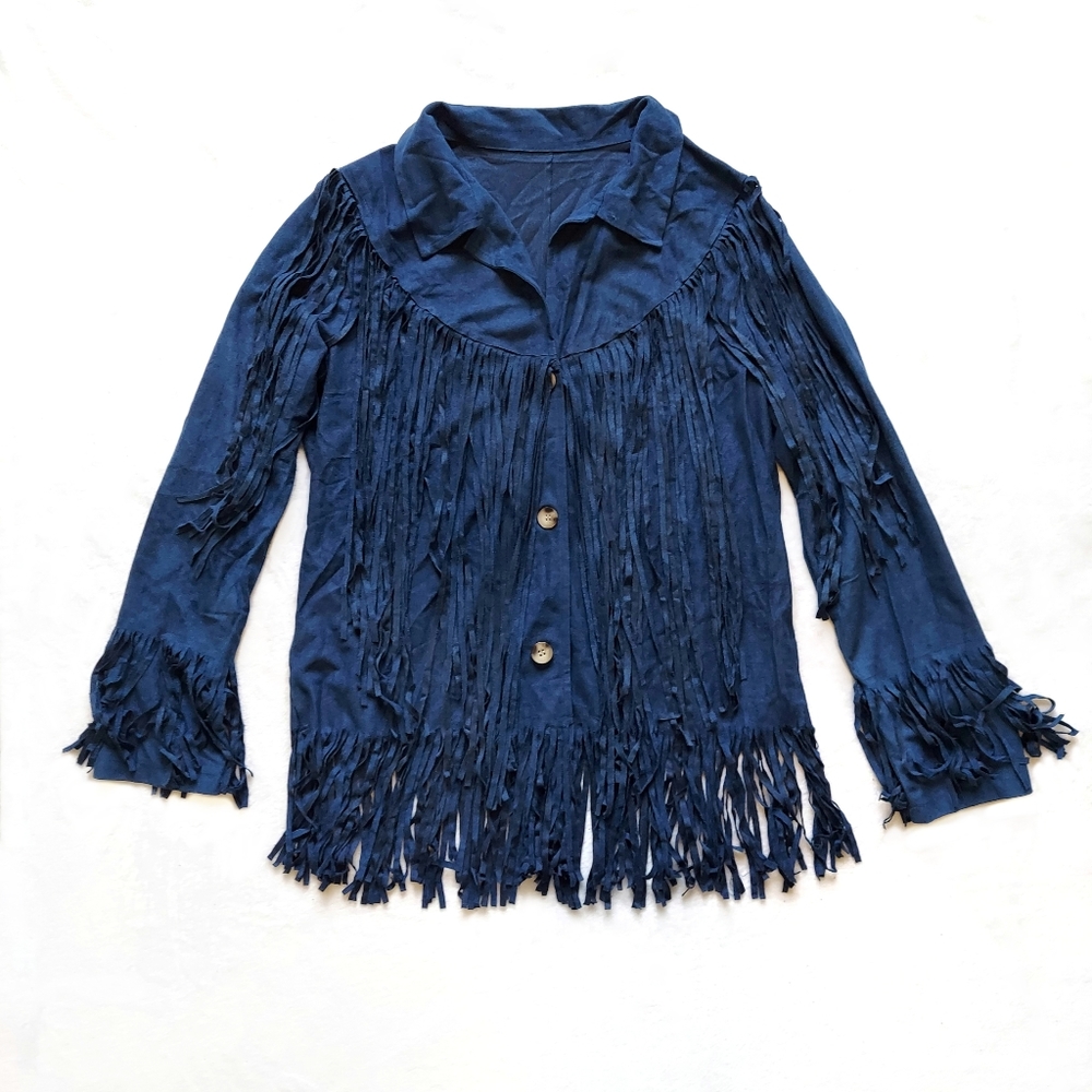 Blue Faux Suede Fringe Jacket